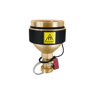 Brass magnetic separator with black insulating band, yellow warning label, and attached red valve handle.