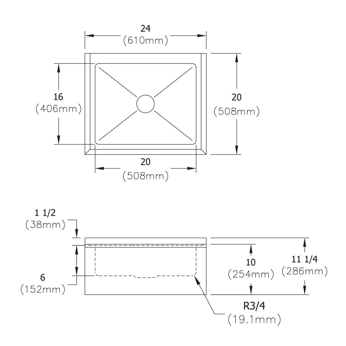 Technical drawings showing top and side views of rectangular stainless steel mop sink with dimensions and drain specification