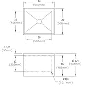 Stainless steel mop sink with rectangular basin, top view and side view technical drawings showing dimensions and drain place