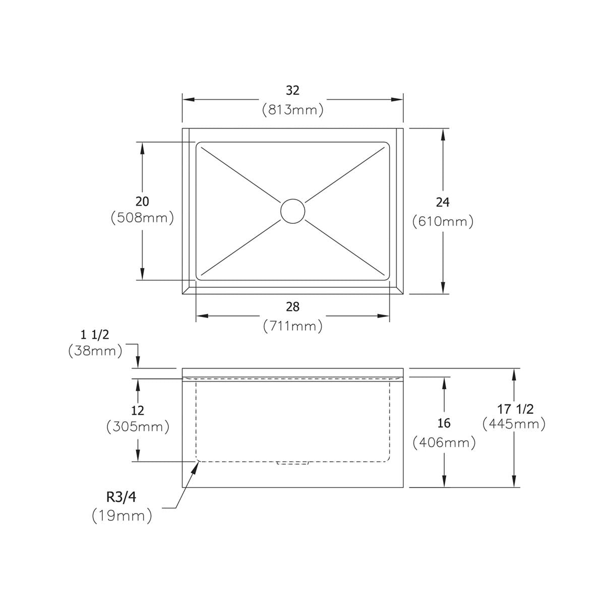 Stainless steel mop sink with rectangular basin, center drain, and dimension measurements showing 32" width, 24" depth, and 1