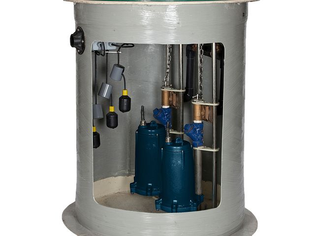 Blue submersible pump with discharge adapters installed in gray cylindrical basin with float switches and guide rails.