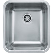 Stainless steel undermount sink bowl with rounded corners and chrome drain strainer.