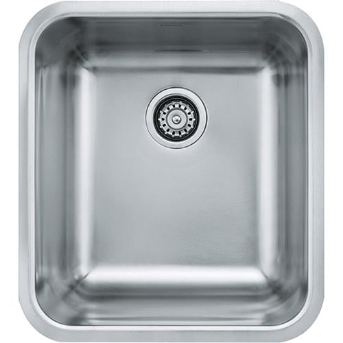 Stainless steel undermount sink bowl with rounded corners and chrome drain strainer.