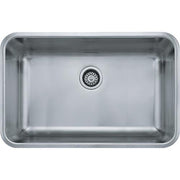Stainless steel undermount sink bowl with rounded corners and single drain opening, viewed from above.
