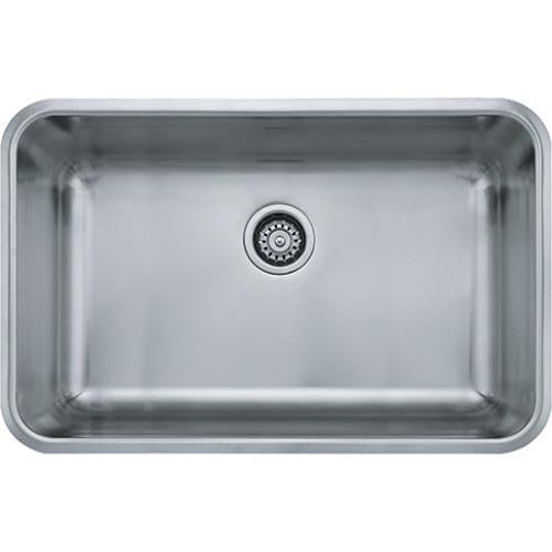 Stainless steel undermount sink bowl with rounded corners and single drain opening, viewed from above.