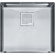 Stainless steel single bowl undermount sink with centered perforated strainer basket and polished interior.