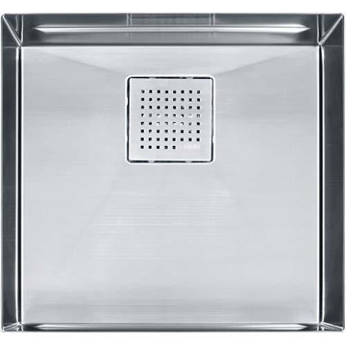 Stainless steel single bowl undermount sink with centered perforated strainer basket and polished interior.