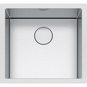Stainless steel single bowl undermount sink with drain opening, viewed from above.