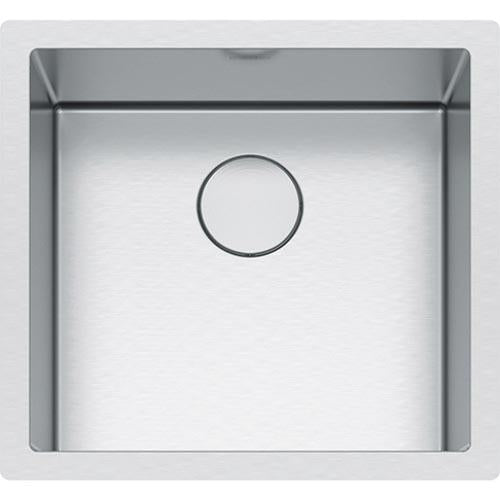 Stainless steel single bowl undermount sink with drain opening, viewed from above.