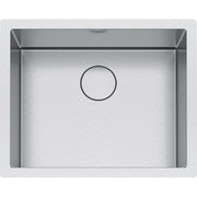 Stainless steel single bowl undermount sink with drain opening, shown from above.