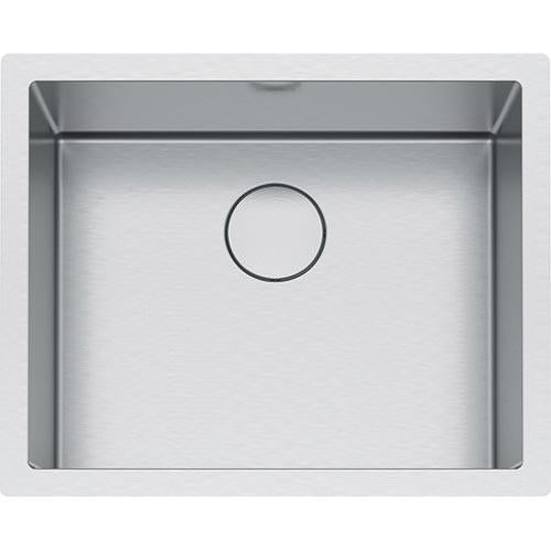 Stainless steel single bowl undermount sink with drain opening, shown from above.