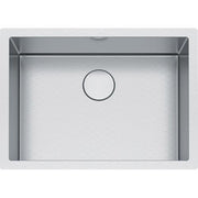 Stainless steel single bowl undermount sink with drain opening, viewed from above.