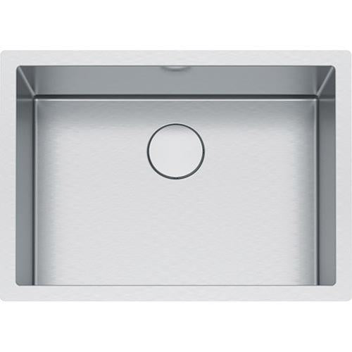 Stainless steel single bowl undermount sink with drain opening, viewed from above.