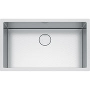 Stainless steel undermount sink with single rectangular bowl and drain opening, viewed from above.