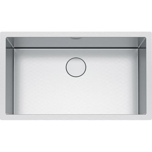 Stainless steel undermount sink with single rectangular bowl and drain opening, viewed from above.