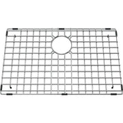 Stainless steel sink bottom grid with square grid pattern and circular center drain opening, 27 inches wide.