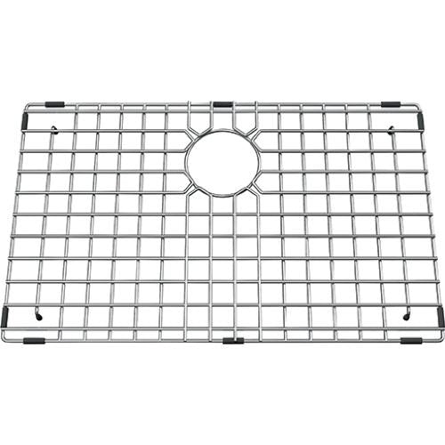 Stainless steel sink bottom grid with square grid pattern and circular center drain opening, 27 inches wide.