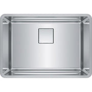 Rectangular stainless steel undermount sink with single basin and drain opening, viewed from above.