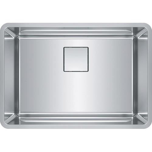 Rectangular stainless steel undermount sink with single basin and drain opening, viewed from above.