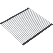 Stainless steel roller mat with black rubber end caps and parallel metal rods for kitchen sink.
