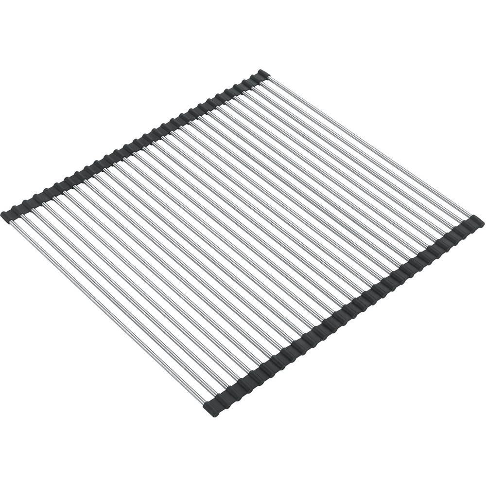 Stainless steel roller mat with black rubber end caps and parallel metal rods for kitchen sink.