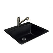 Black granite single bowl sink with stainless steel pull-out faucet and rounded corners.