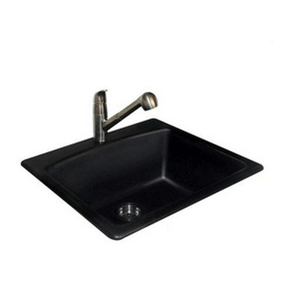Black granite single bowl sink with stainless steel pull-out faucet and rounded corners.