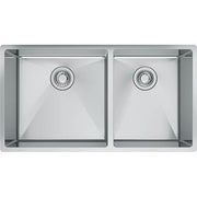 Stainless steel double bowl undermount sink with drain baskets, viewed from above.