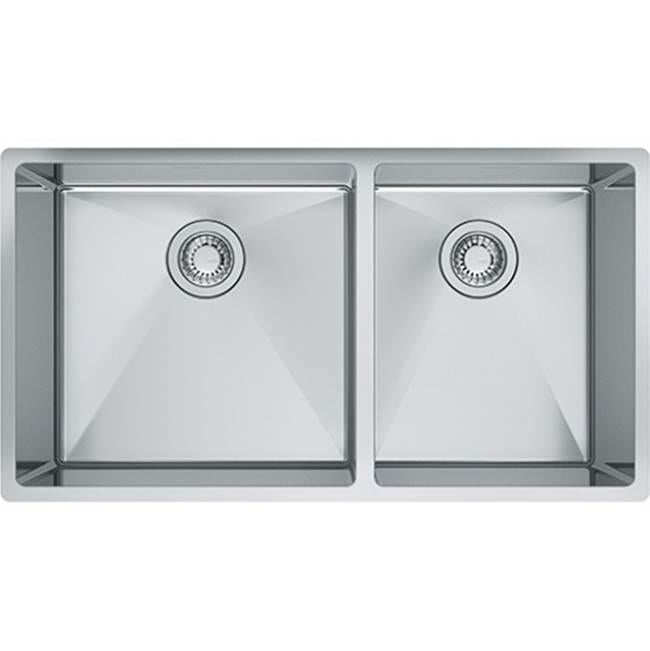 Stainless steel double bowl undermount sink with drain baskets, viewed from above.