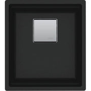 Matte black granite undermount sink with single bowl and stainless steel drain cover.