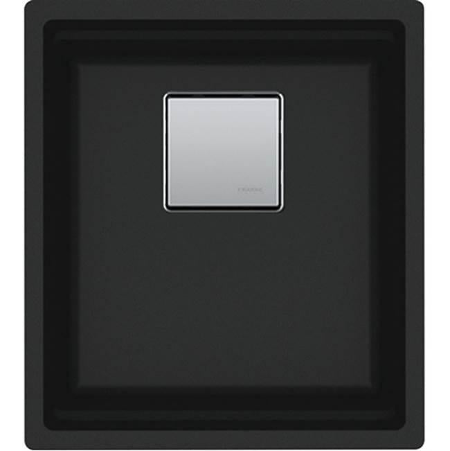 Matte black granite undermount sink with single bowl and stainless steel drain cover.