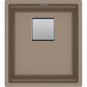 Oyster gray granite undermount sink with single rectangular bowl and stainless steel drain cover.