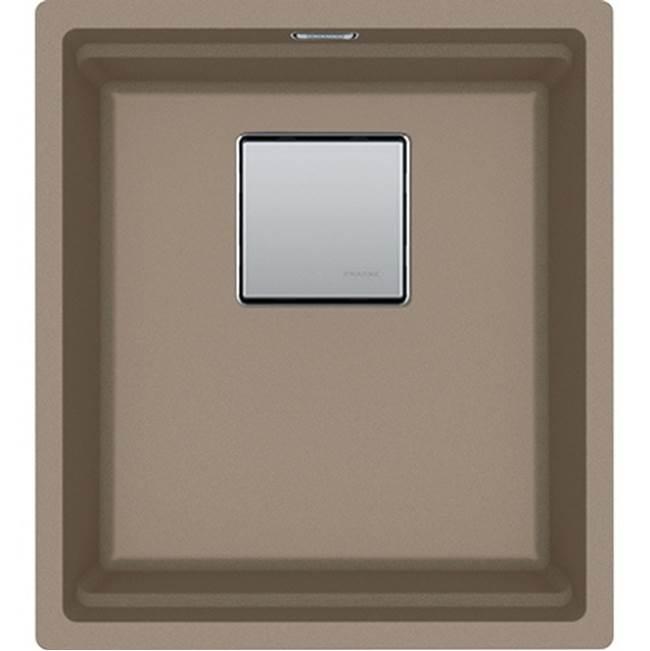 Oyster gray granite undermount sink with single rectangular bowl and stainless steel drain cover.