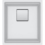 Polar white single bowl undermount sink with square drain opening and tiered basin walls, viewed from above.