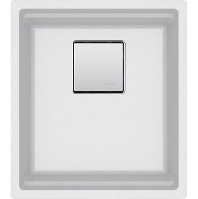 Polar white single bowl undermount sink with square drain opening and tiered basin walls, viewed from above.