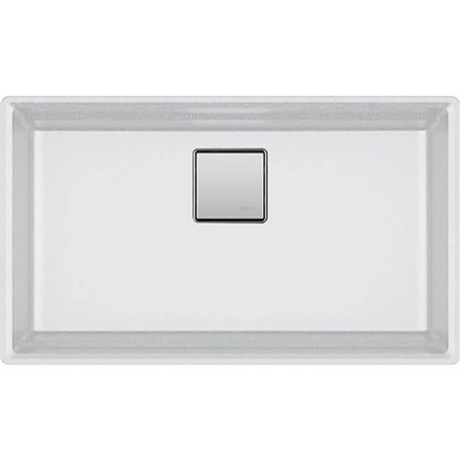 Polar white undermount granite sink with single rectangular bowl and centered drain.