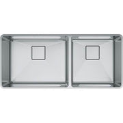 Stainless steel double bowl undermount sink with two rectangular basins and drain openings.