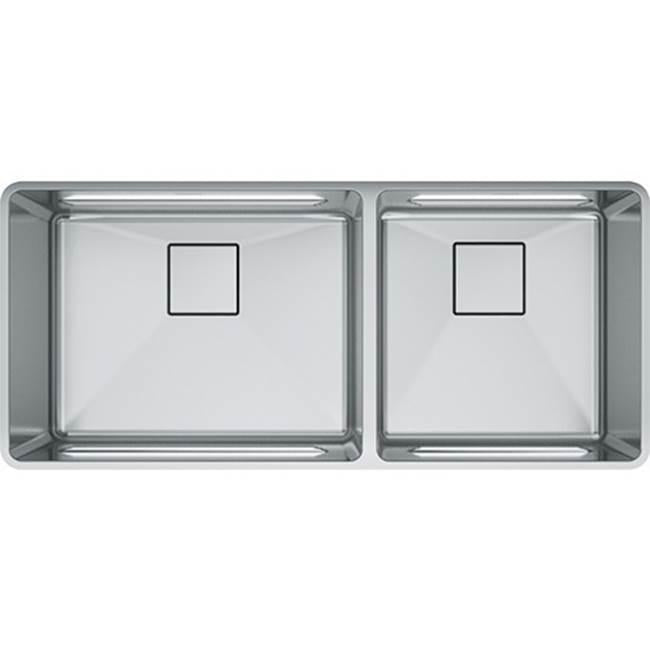 Stainless steel double bowl undermount sink with two rectangular basins and drain openings.