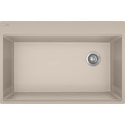 Champagne granite single bowl topmount sink with rounded corners and chrome drain strainer visible.