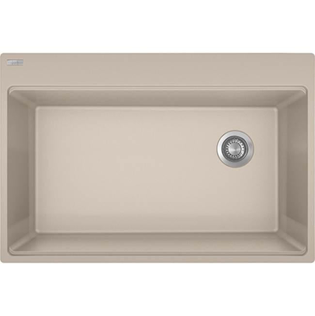 Champagne granite single bowl topmount sink with rounded corners and chrome drain strainer visible.