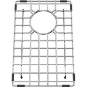 Stainless steel sink grid with grid pattern, circular center opening, and black rubber feet.