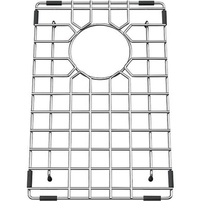Stainless steel sink grid with grid pattern, circular center opening, and black rubber feet.