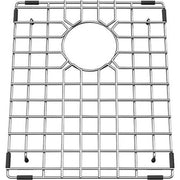 Stainless steel sink grid with square pattern mesh, circular drain opening, and black rubber corner feet.