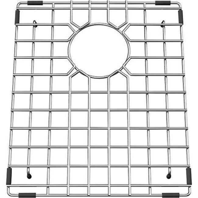 Stainless steel sink grid with square pattern mesh, circular drain opening, and black rubber corner feet.