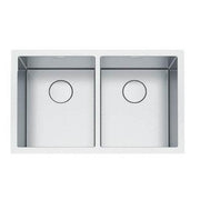 Stainless steel double bowl undermount sink with two equal rectangular basins and drain openings.