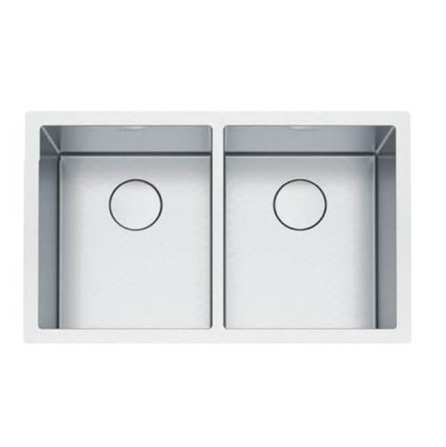 Stainless steel double bowl undermount sink with two equal rectangular basins and drain openings.