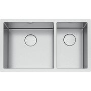 Stainless steel double bowl undermount sink with two equal rectangular basins and drain holes.