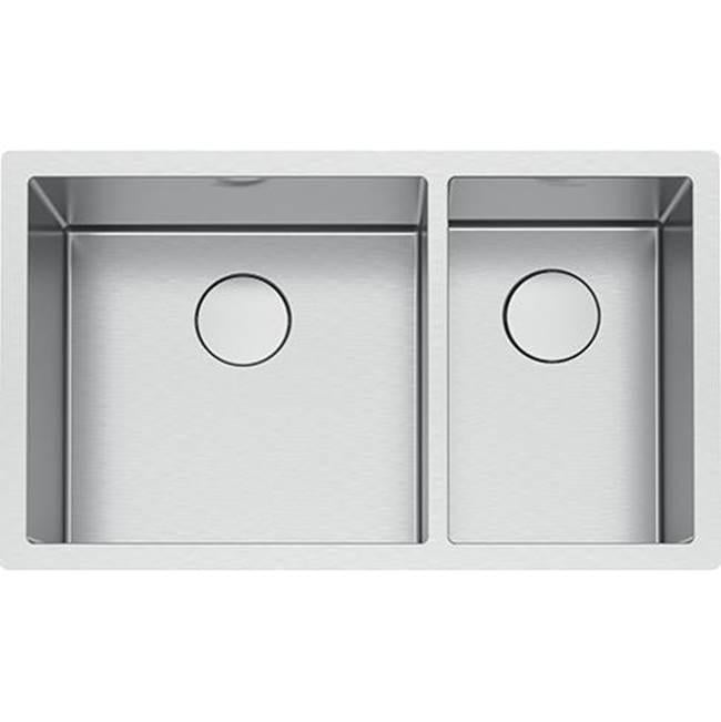 Stainless steel double bowl undermount sink with two equal rectangular basins and drain holes.