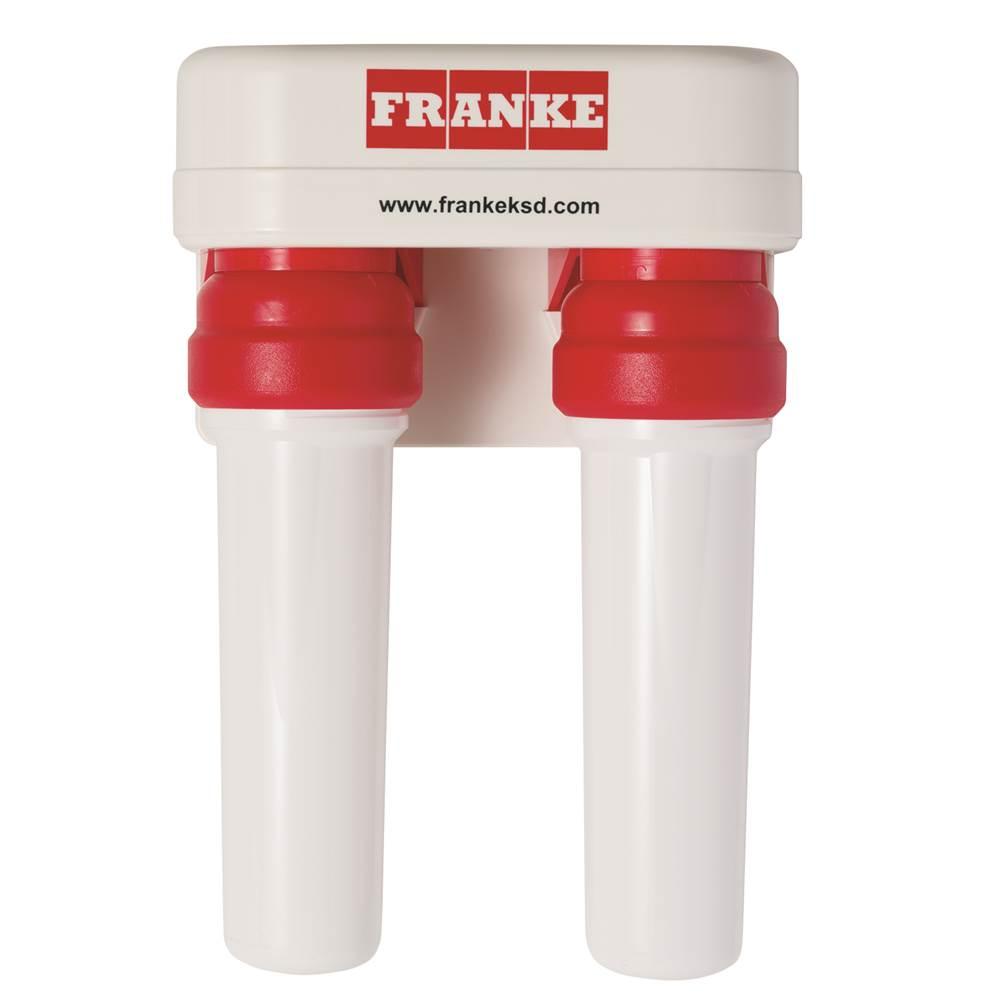 White and red dual filter canister with Franke branding and two red filter cartridges mounted side by side.