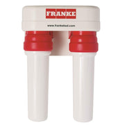 White and red dual filter canister with Franke branding and two red filter cartridges mounted side by side.